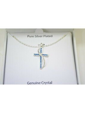 Silver Plated Crystal Necklace Blue Cross Pendant Sophistication Jewelry